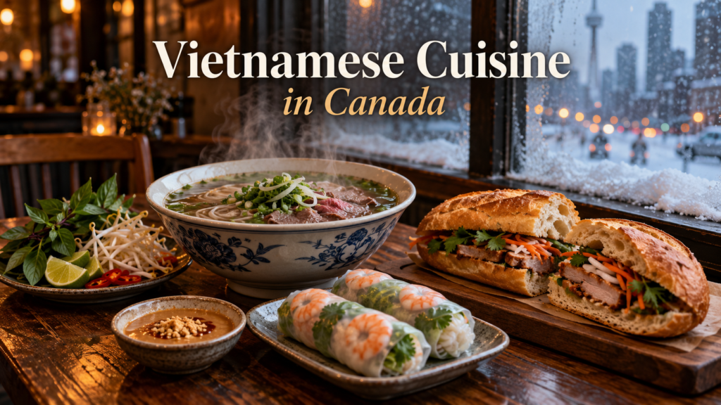Pho and banh mi on a table in a Toronto Vietnamese restaurant with a streetcar passing outside