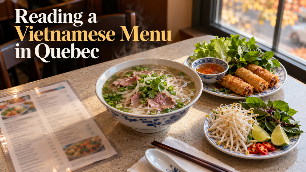 A bowl of soupe tonkinoise (pho) next to a bilingual French-English Vietnamese menu in a Montreal restaurant